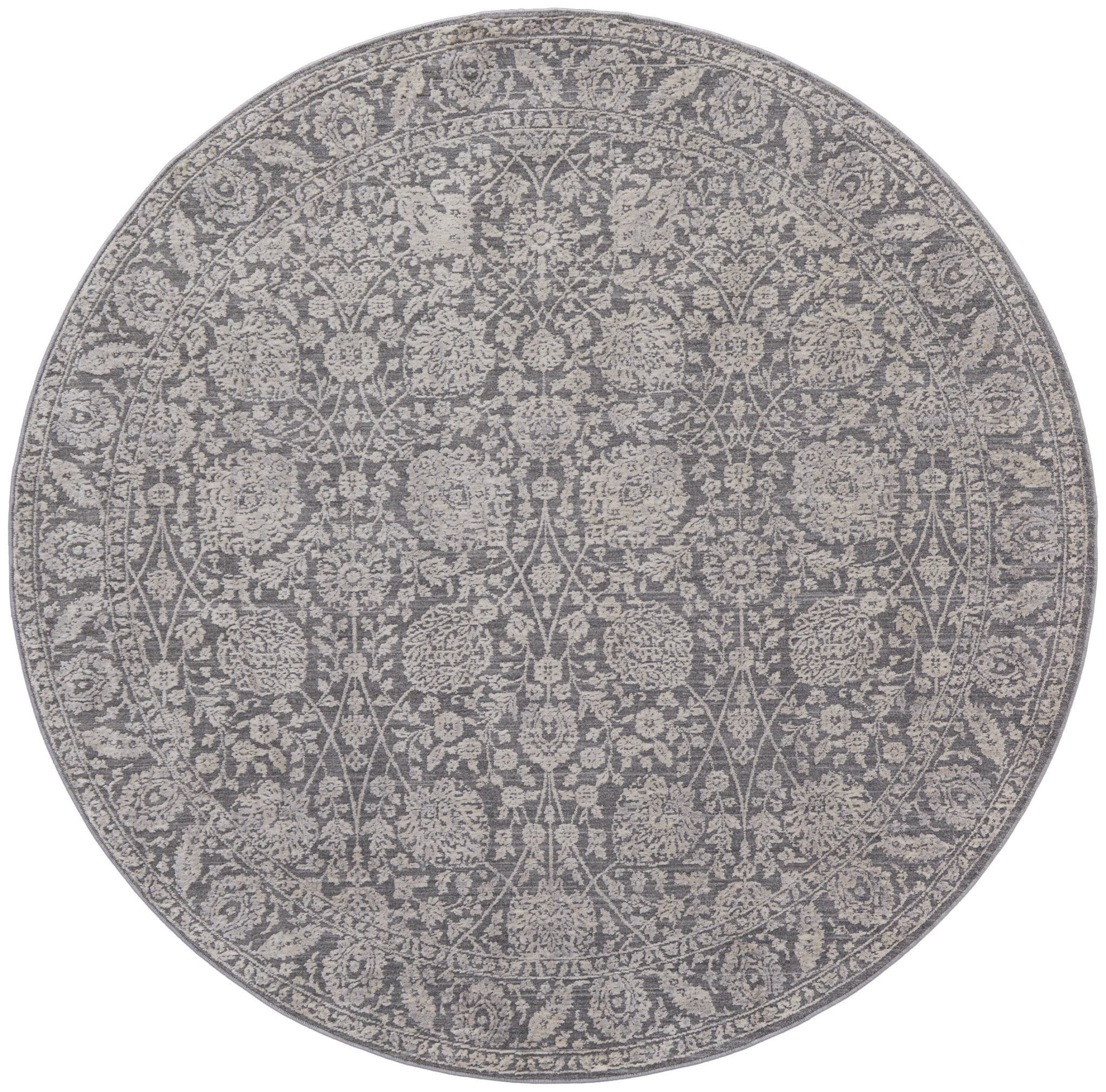 6' Taupe and Ivory Round Floral Power Loom Area Rug