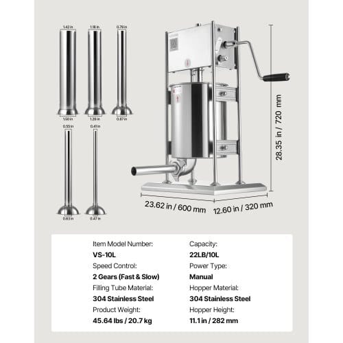 Manual Sausage Stuffer, 22 LBS / 10 L Vertical Meat Stuffer, Dual-Speed Sausage Casing Meat Filling Machine, Stainless Steel Heavy Duty Filler with 5 Stuffing Tubes, for Commercial & Home Use