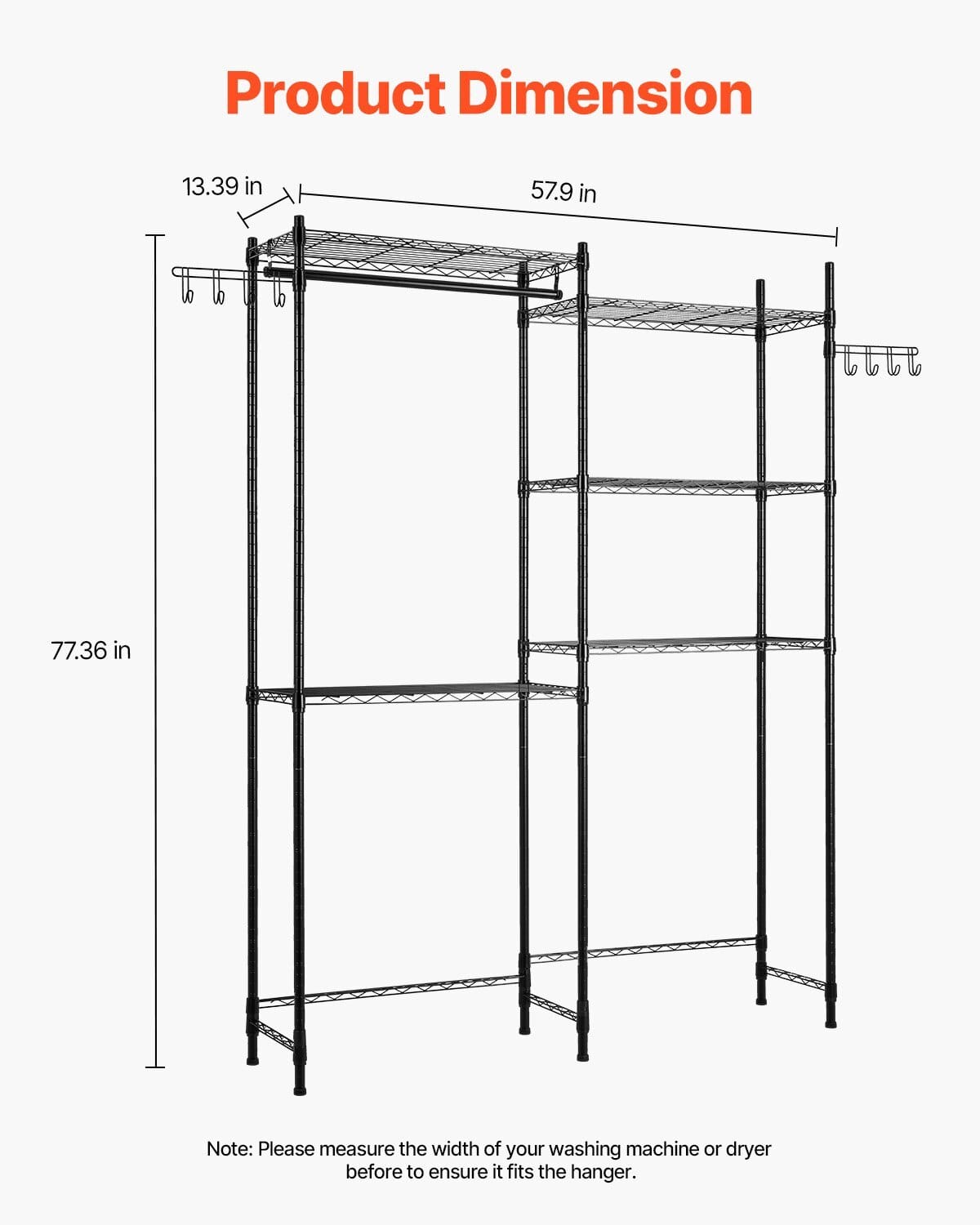 Over Washer and Dryer Storage Shelves, 5 Tiers Laundry Room Drying Rack with Hanger Rod and Hooks, Two Rows Adjustable Washer Shelves Space Saver, for Laundry Room Storage & Organization, Black