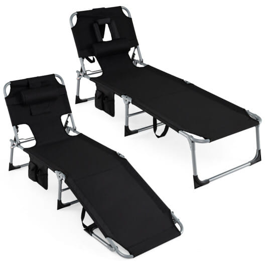Set of 2 Tanning Chair Portable Chaise Lounge Chair with 4-Position Adjustable Backrest-Black - Color: Black