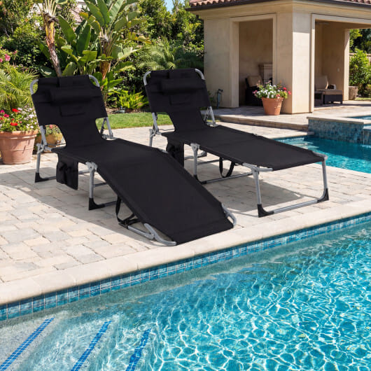 Set of 2 Tanning Chair Portable Chaise Lounge Chair with 4-Position Adjustable Backrest-Black - Color: Black