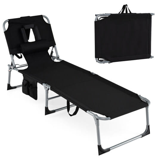 Set of 2 Tanning Chair Portable Chaise Lounge Chair with 4-Position Adjustable Backrest-Black - Color: Black