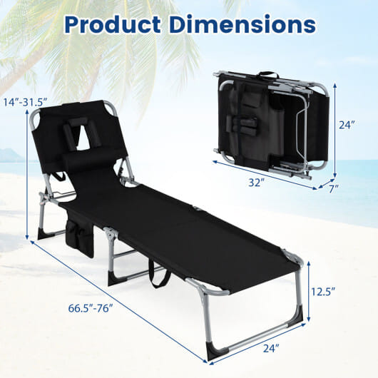 Set of 2 Tanning Chair Portable Chaise Lounge Chair with 4-Position Adjustable Backrest-Black - Color: Black