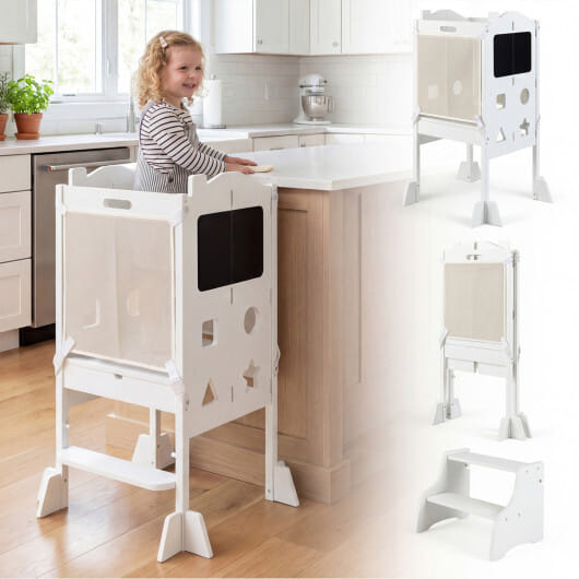 Foldable Toddler Step Stool with Chalkboards 2-Step Stool-White - Color: White