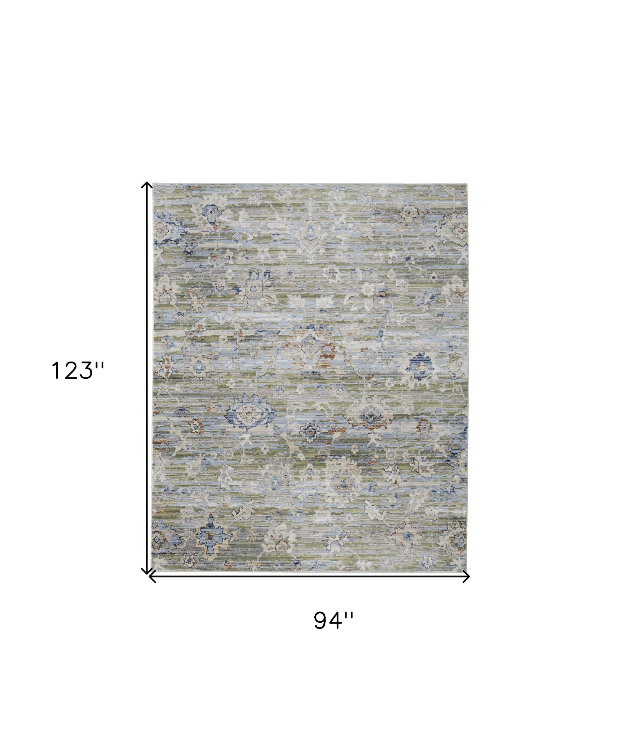 8' X 10' Ivory Green and Blue Floral Power Loom Worn Faded Area Rug