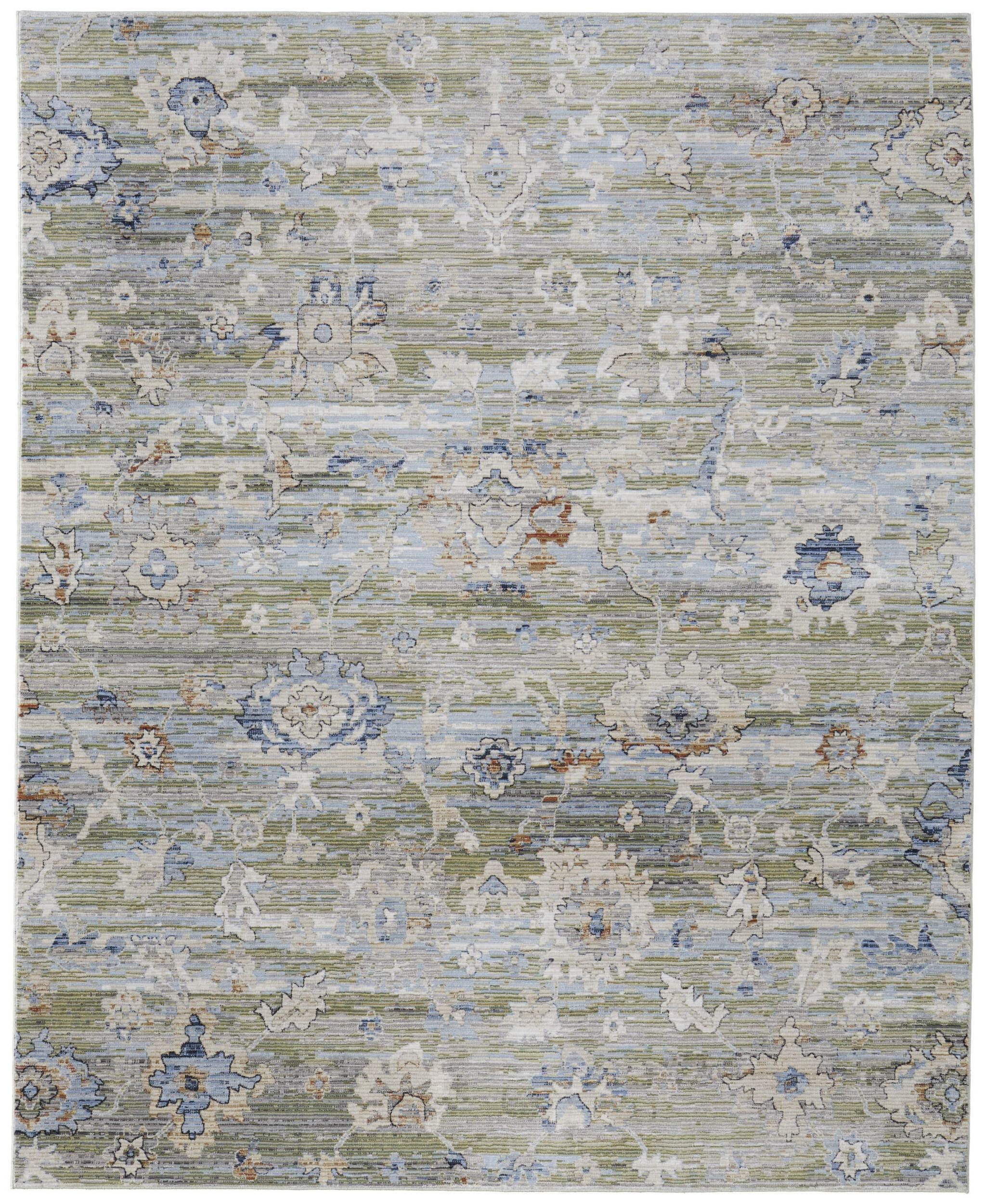 8' X 10' Ivory Green and Blue Floral Power Loom Worn Faded Area Rug