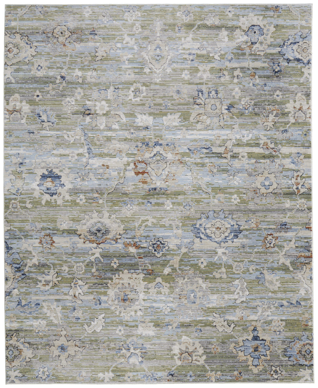 8' X 10' Ivory Green and Blue Floral Power Loom Worn Faded Area Rug