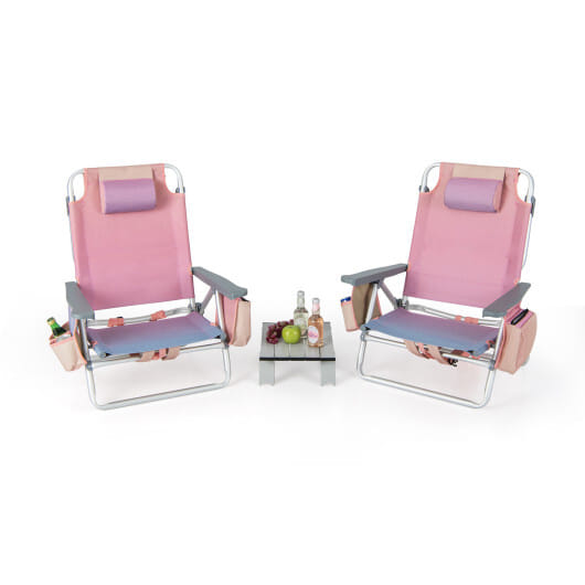 2 Packs 5-Position Outdoor Folding Backpack Beach Table Chair Reclining Chair Set-Pink - Color: Pink