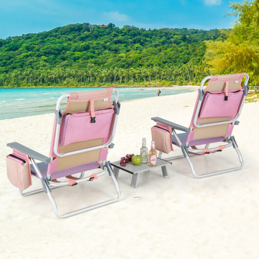 2 Packs 5-Position Outdoor Folding Backpack Beach Table Chair Reclining Chair Set-Pink - Color: Pink