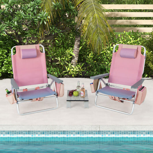 2 Packs 5-Position Outdoor Folding Backpack Beach Table Chair Reclining Chair Set-Pink - Color: Pink