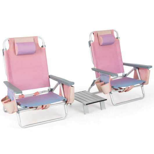 2 Packs 5-Position Outdoor Folding Backpack Beach Table Chair Reclining Chair Set-Pink - Color: Pink