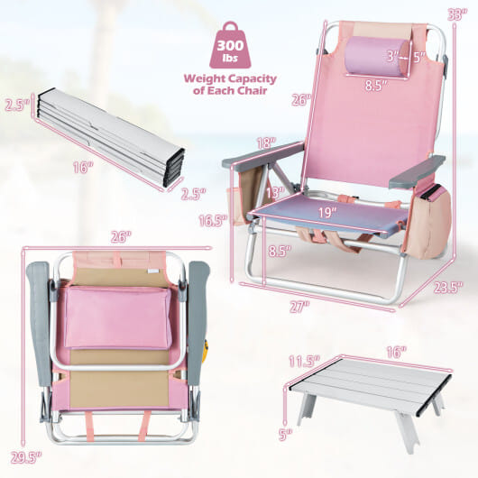 2 Packs 5-Position Outdoor Folding Backpack Beach Table Chair Reclining Chair Set-Pink - Color: Pink
