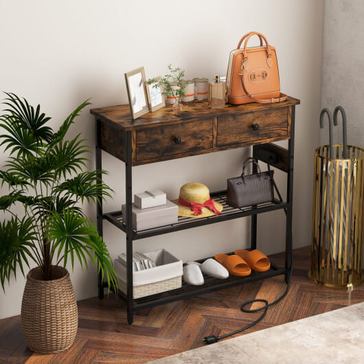 Narrow Console Table with 2 Drawers and 2 Metal Mesh Shelves-Gray