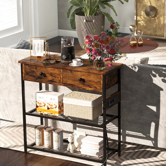 Narrow Console Table with 2 Drawers and 2 Metal Mesh Shelves-Gray
