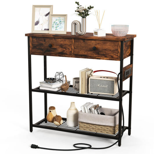 Narrow Console Table with 2 Drawers and 2 Metal Mesh Shelves-Gray