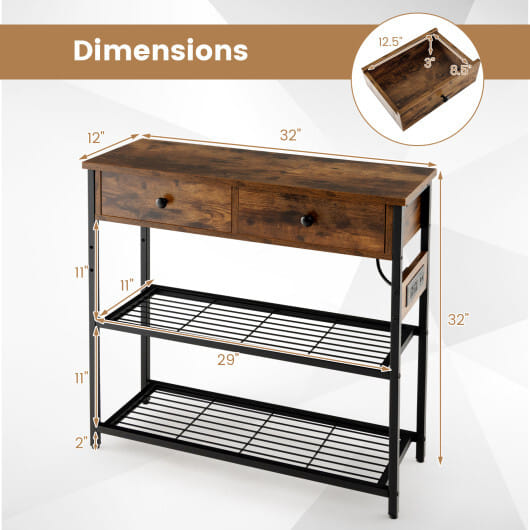 Narrow Console Table with 2 Drawers and 2 Metal Mesh Shelves-Gray