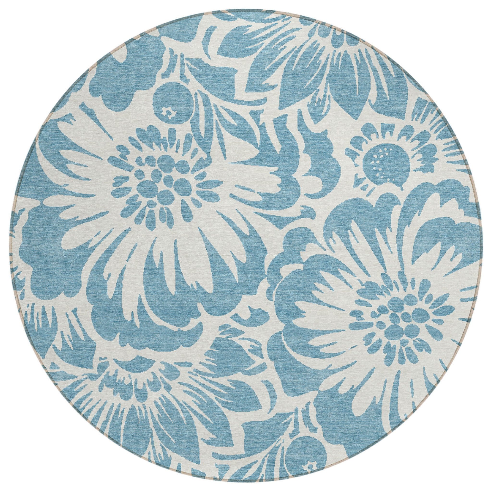 8' Round Denim and Ivory Round Floral Washable Non Skid Indoor Outdoor Area Rug