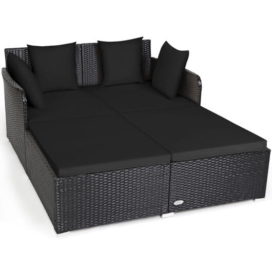 Spacious Outdoor Rattan Daybed with Upholstered Cushions and Pillows-Black - Color: Black