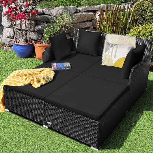 Spacious Outdoor Rattan Daybed with Upholstered Cushions and Pillows-Black - Color: Black