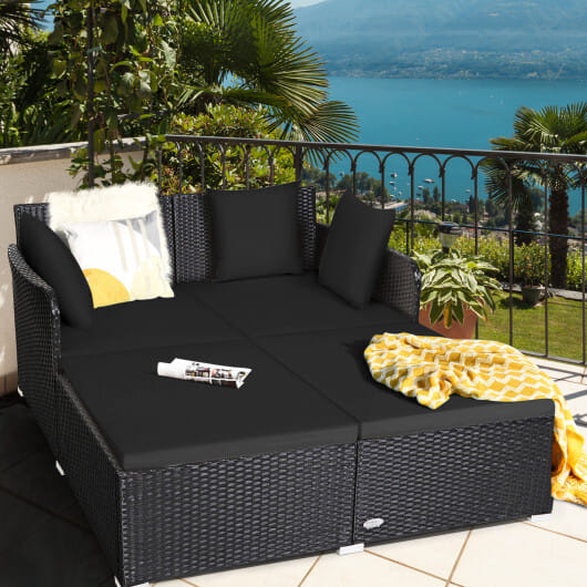 Spacious Outdoor Rattan Daybed with Upholstered Cushions and Pillows-Black - Color: Black