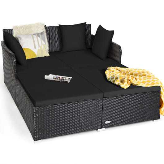 Spacious Outdoor Rattan Daybed with Upholstered Cushions and Pillows-Black - Color: Black