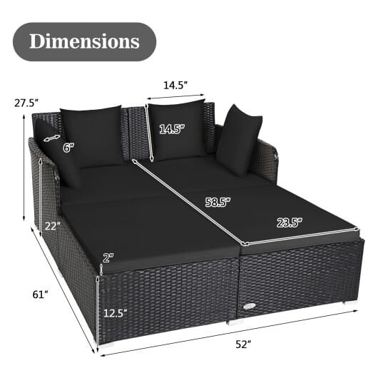Spacious Outdoor Rattan Daybed with Upholstered Cushions and Pillows-Black - Color: Black