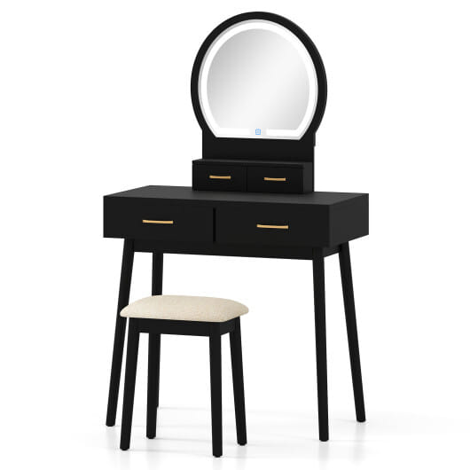 Small Vanity Makeup Dressing Table Set with Cushioned Stool and LED Lighted Mirror-Black - Color: Black