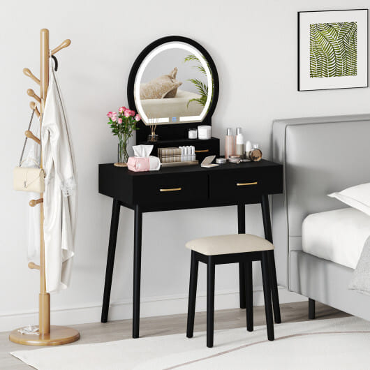 Small Vanity Makeup Dressing Table Set with Cushioned Stool and LED Lighted Mirror-Black - Color: Black
