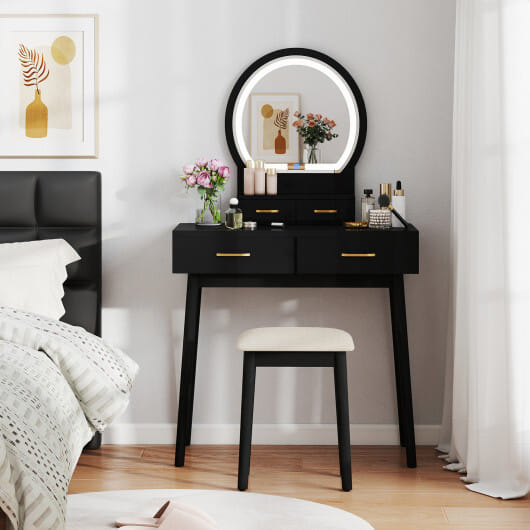 Small Vanity Makeup Dressing Table Set with Cushioned Stool and LED Lighted Mirror-Black - Color: Black