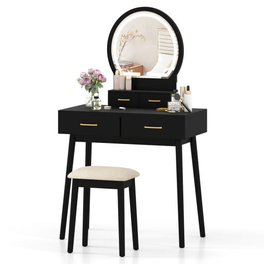 Small Vanity Makeup Dressing Table Set with Cushioned Stool and LED Lighted Mirror-Black - Color: Black