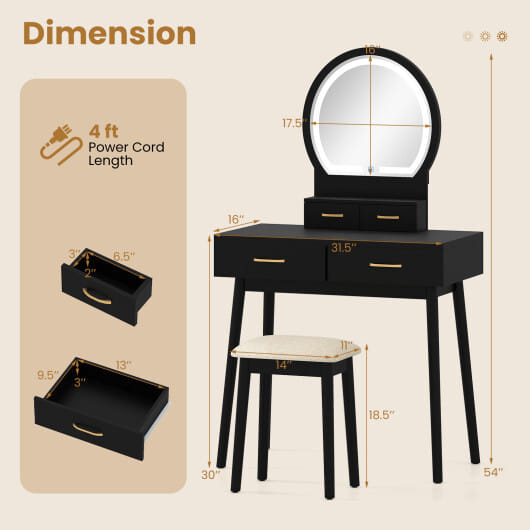 Small Vanity Makeup Dressing Table Set with Cushioned Stool and LED Lighted Mirror-Black - Color: Black