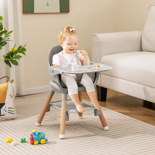 6 in 1 Convertible Highchair with Safety Harness and Removable Tray-Gray - Color: Gray