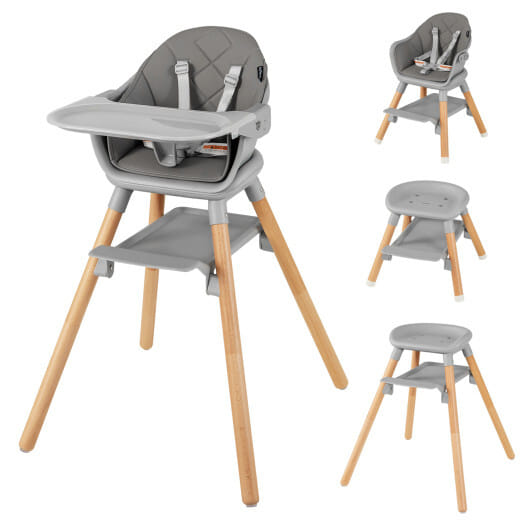 6 in 1 Convertible Highchair with Safety Harness and Removable Tray-Gray - Color: Gray