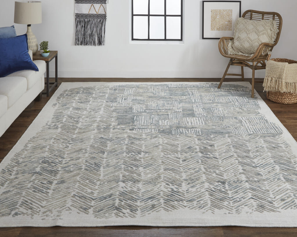 9' X 12' Green Blue And Ivory Abstract Hand Woven Area Rug