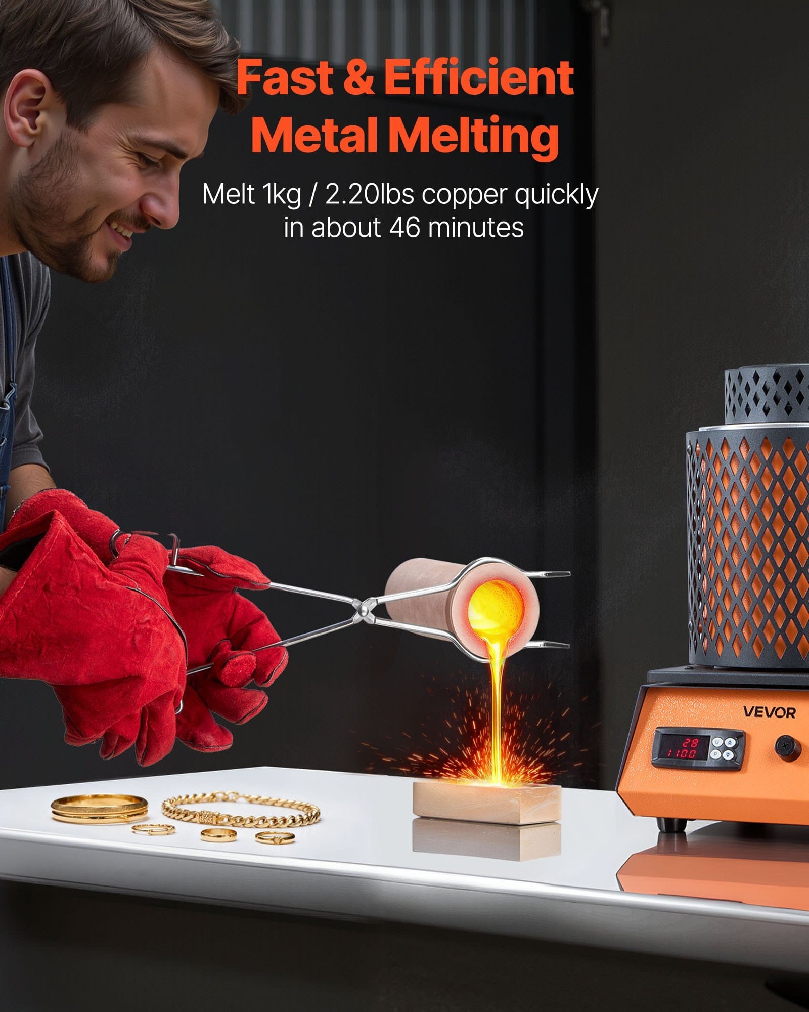 Electric Melting Furnace, 1350W Electric Metal Smelter Foundry, 2102?„‰/1150?„? Metal Smelting Machine with 3kg Ceramic Crucible, Gold Smelting Kit for Jewelry Making, Metal Bars, Metal Components