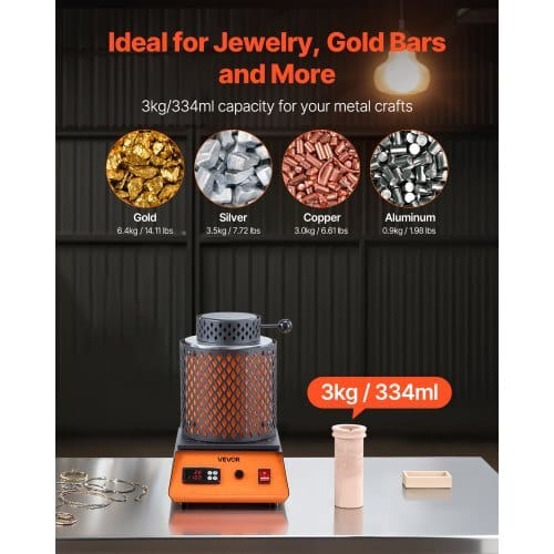 Electric Melting Furnace, 1350W Electric Metal Smelter Foundry, 2102?„‰/1150?„? Metal Smelting Machine with 3kg Ceramic Crucible, Gold Smelting Kit for Jewelry Making, Metal Bars, Metal Components