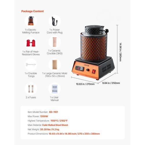 Electric Melting Furnace, 1350W Electric Metal Smelter Foundry, 2102?„‰/1150?„? Metal Smelting Machine with 3kg Ceramic Crucible, Gold Smelting Kit for Jewelry Making, Metal Bars, Metal Components