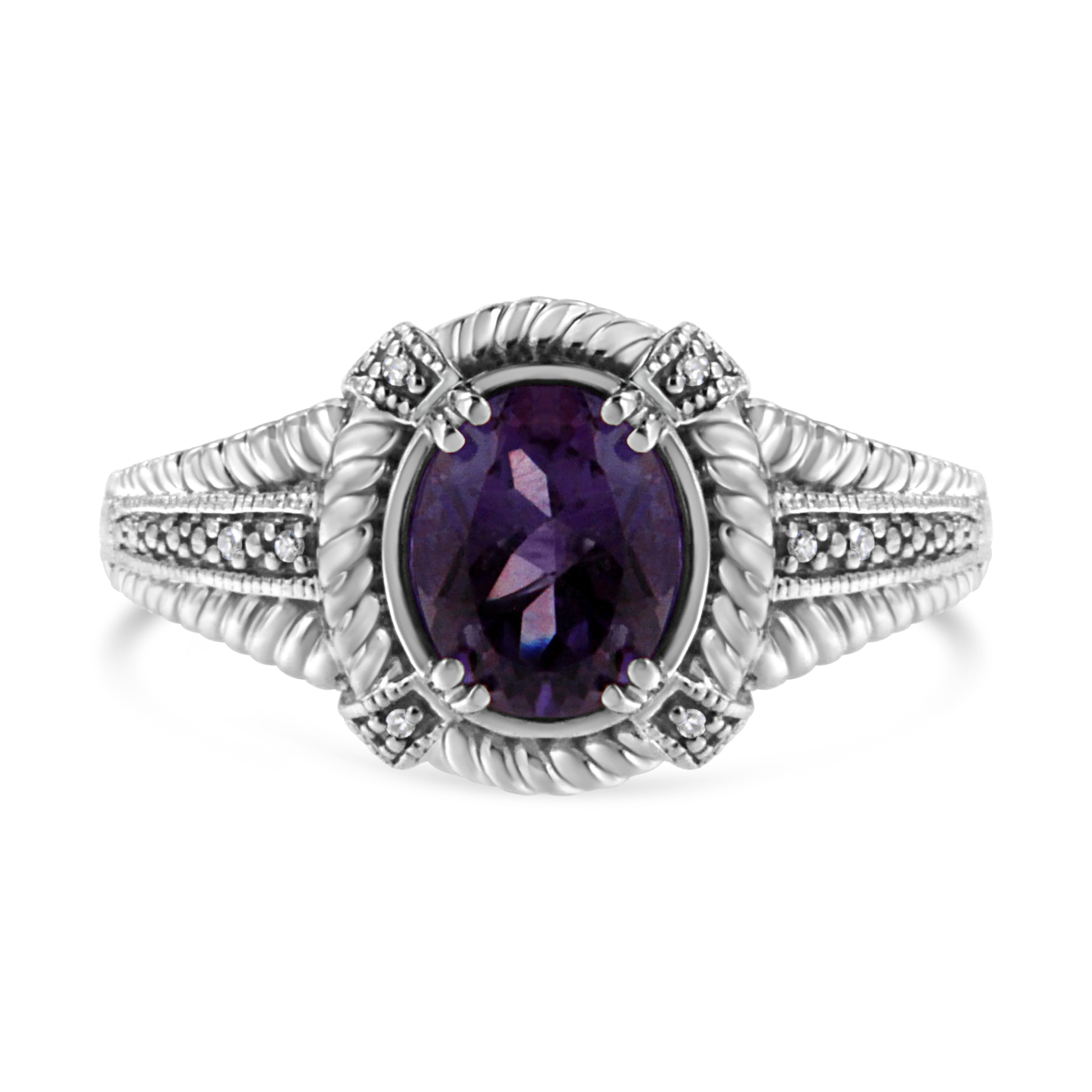 .925 Sterling Silver Prong Set Natural Oval Shape 9X7 MM Purple Amethyst Solitaire and Diamond Accent Ring (I-J Color, I1-I2 Clarity) - Ring Size 8