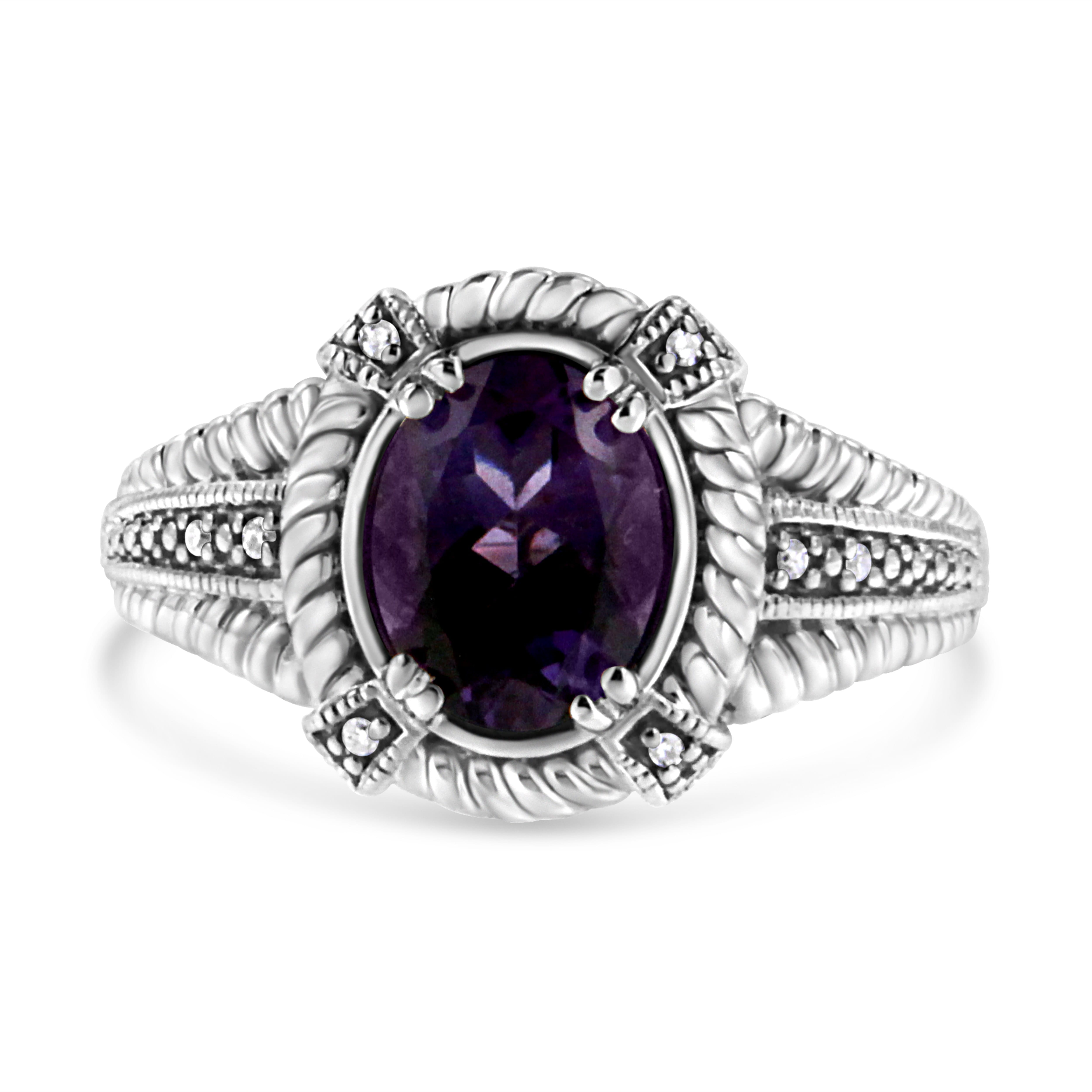.925 Sterling Silver Prong Set Natural Oval Shape 9X7 MM Purple Amethyst Solitaire and Diamond Accent Ring (I-J Color, I1-I2 Clarity) - Ring Size 8