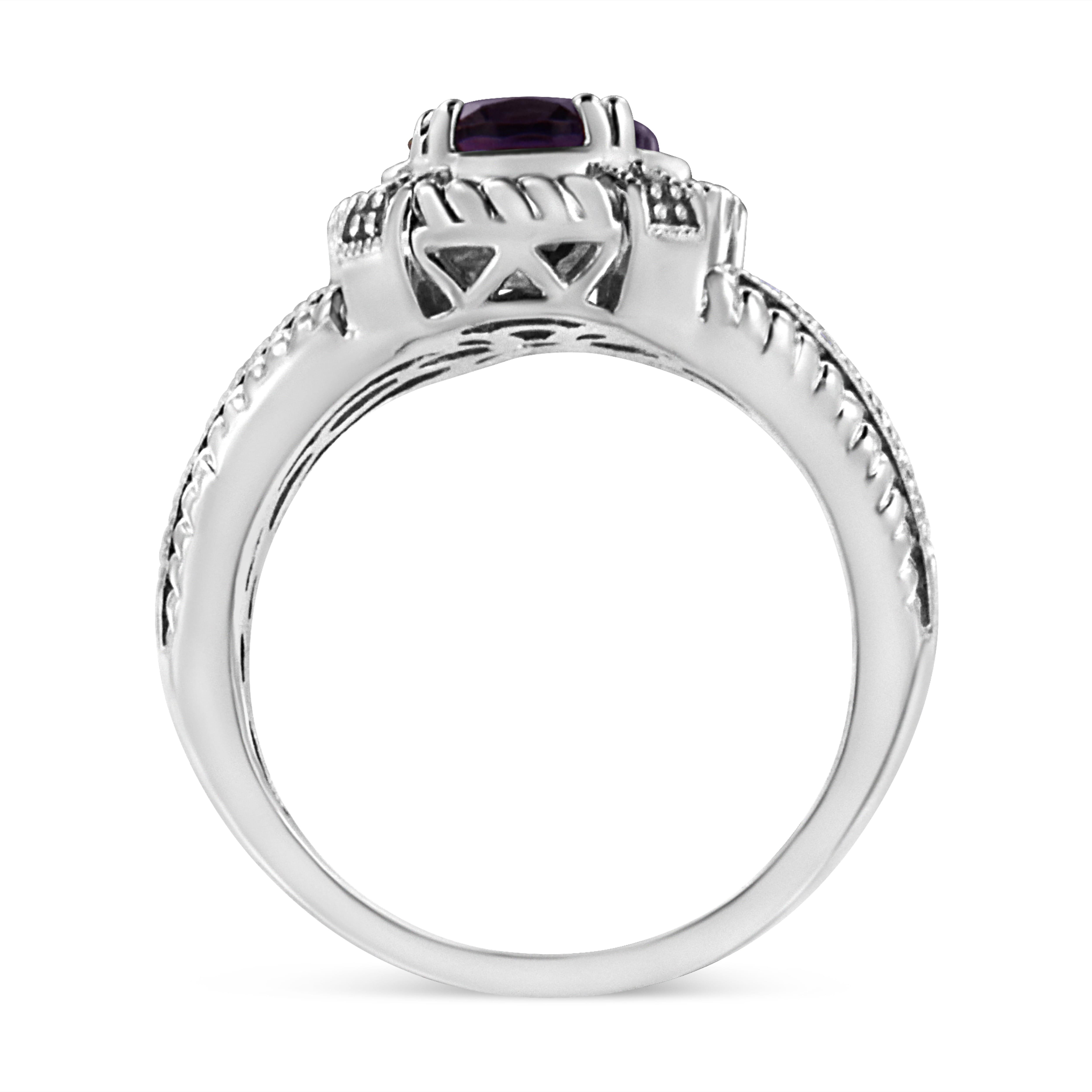 .925 Sterling Silver Prong Set Natural Oval Shape 9X7 MM Purple Amethyst Solitaire and Diamond Accent Ring (I-J Color, I1-I2 Clarity) - Ring Size 8