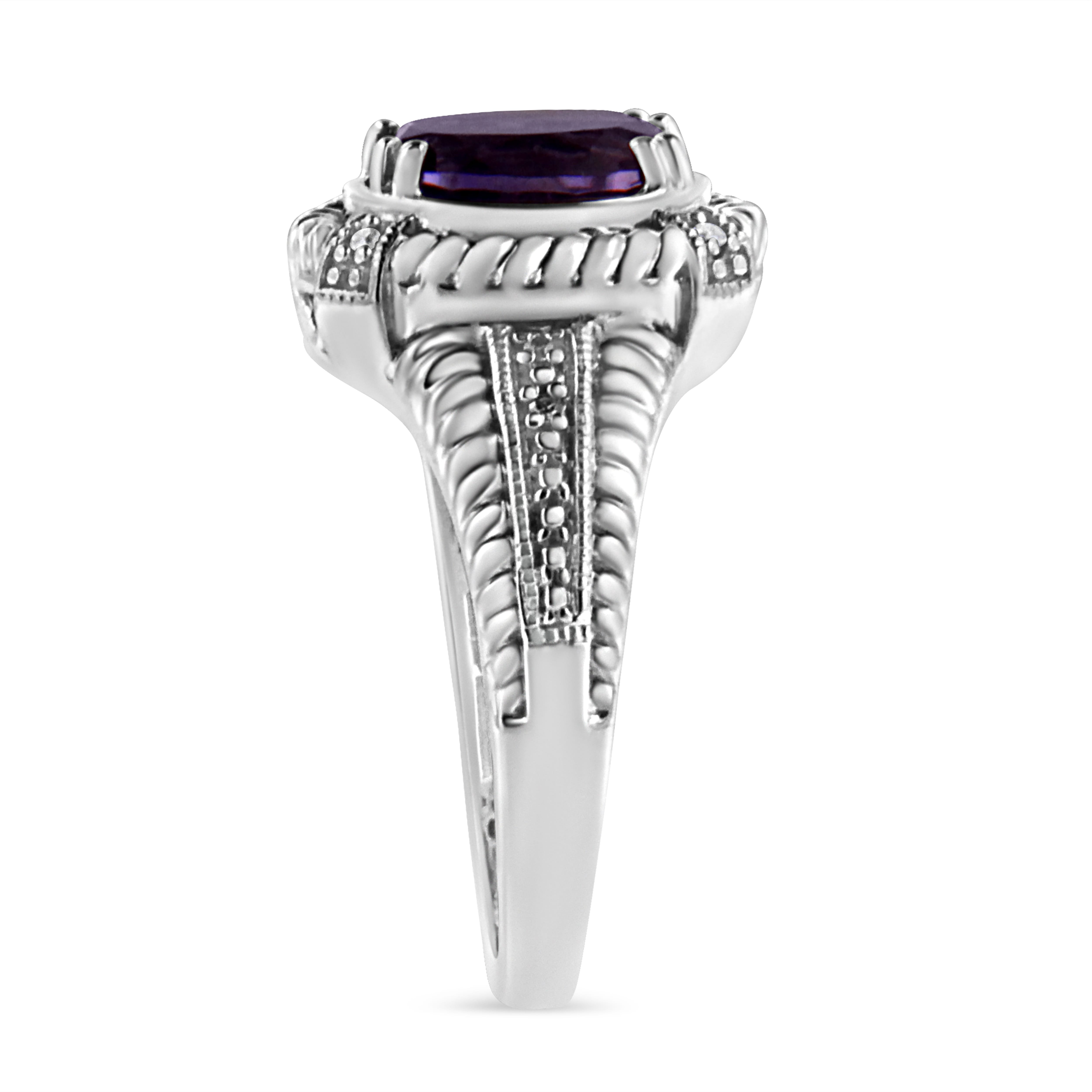 .925 Sterling Silver Prong Set Natural Oval Shape 9X7 MM Purple Amethyst Solitaire and Diamond Accent Ring (I-J Color, I1-I2 Clarity) - Ring Size 8