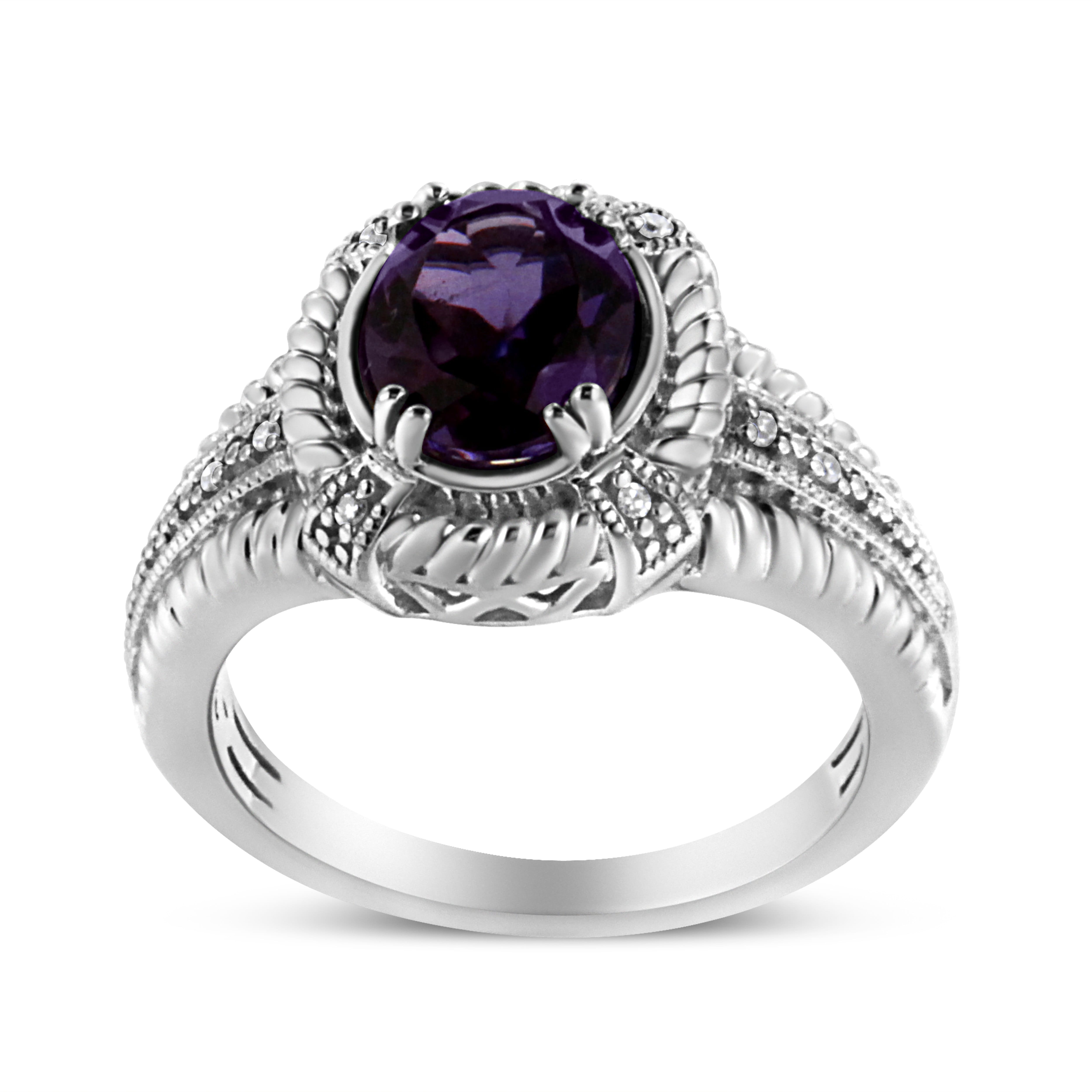.925 Sterling Silver Prong Set Natural Oval Shape 9X7 MM Purple Amethyst Solitaire and Diamond Accent Ring (I-J Color, I1-I2 Clarity) - Ring Size 8