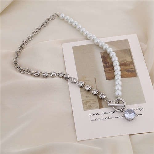 Alloy Chain and Pearl Combo Wholesale Jewelry Shining Rhinestone Pendant Bling Necklace - Silver