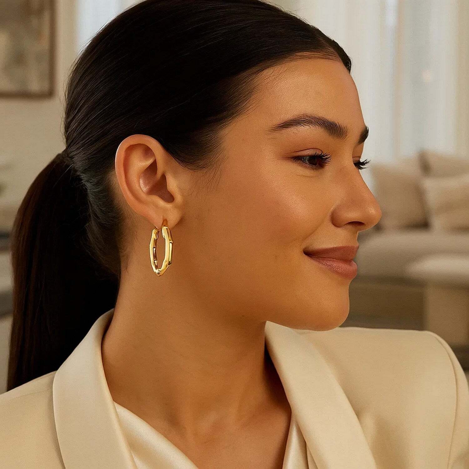 14k Yellow Gold Medium Bamboo Hoop Earrings