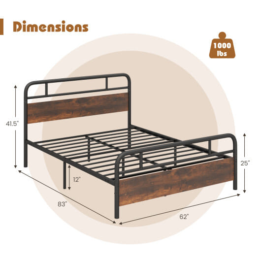 Twin/Full/Queen Size Bed Frame with Industrial Headboard-Queen Size - Color: Black - Size: Queen Size