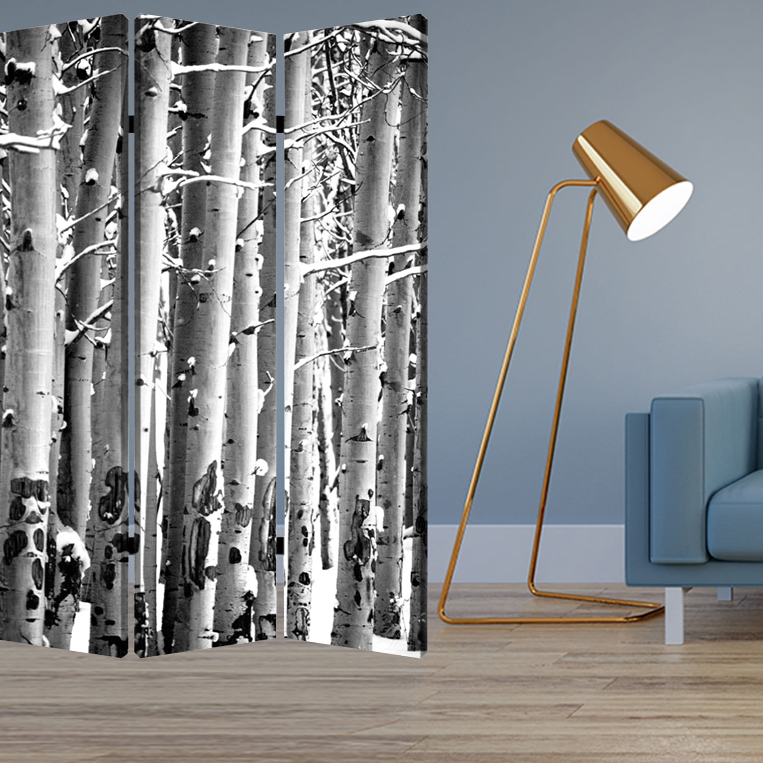 48" X 72" Gray And White Wood Canvas Birch Screen