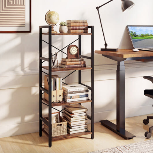 4-Tier Bookshelf Narrow Freestanding Display Shelf with Metal Frame-Rustic Brown - Color: Rustic Brown