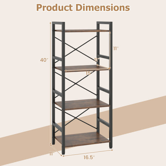 4-Tier Bookshelf Narrow Freestanding Display Shelf with Metal Frame-Rustic Brown - Color: Rustic Brown