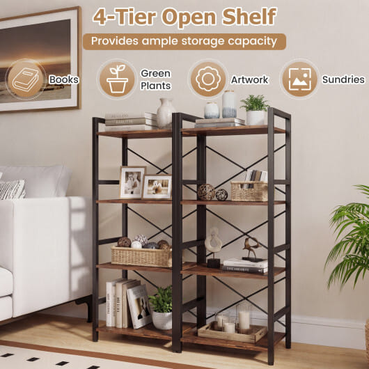4-Tier Bookshelf Narrow Freestanding Display Shelf with Metal Frame-Rustic Brown - Color: Rustic Brown