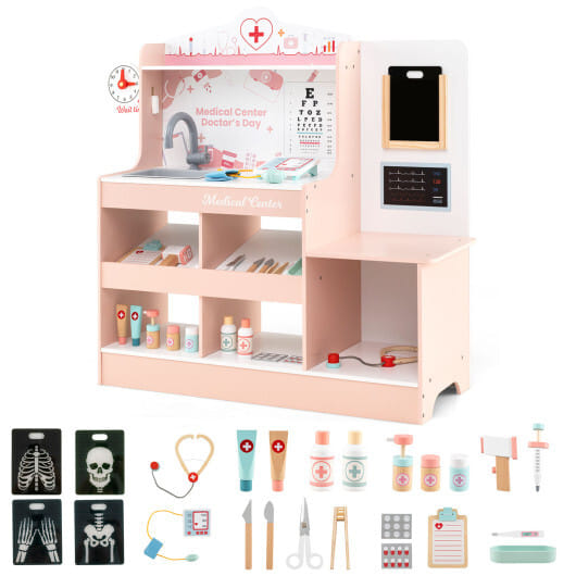 Wooden Doctor Playset with Stethoscope for Toddlers over 3 Years Old-Pink - Color: Pink